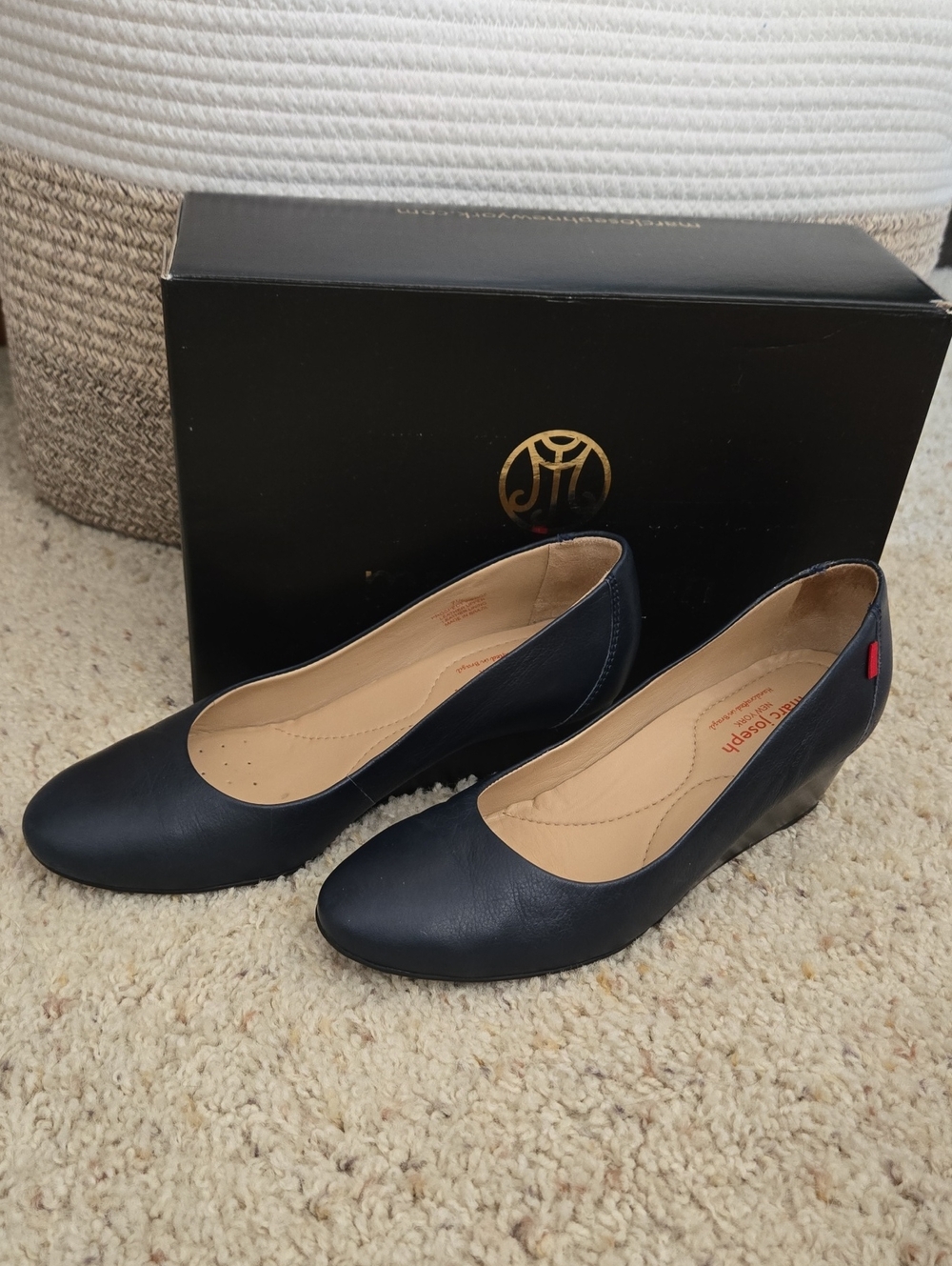 Marc Joseph Navy Low Wedge Pumps